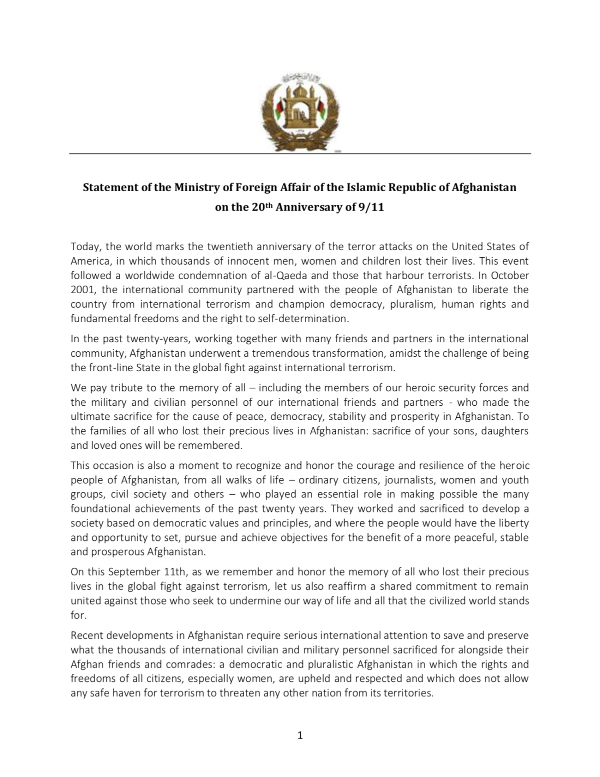 Statement of the Ministry of Foreign Affair of the Islamic Republic of Afghanistan on the 20th Anniversary of 9/11