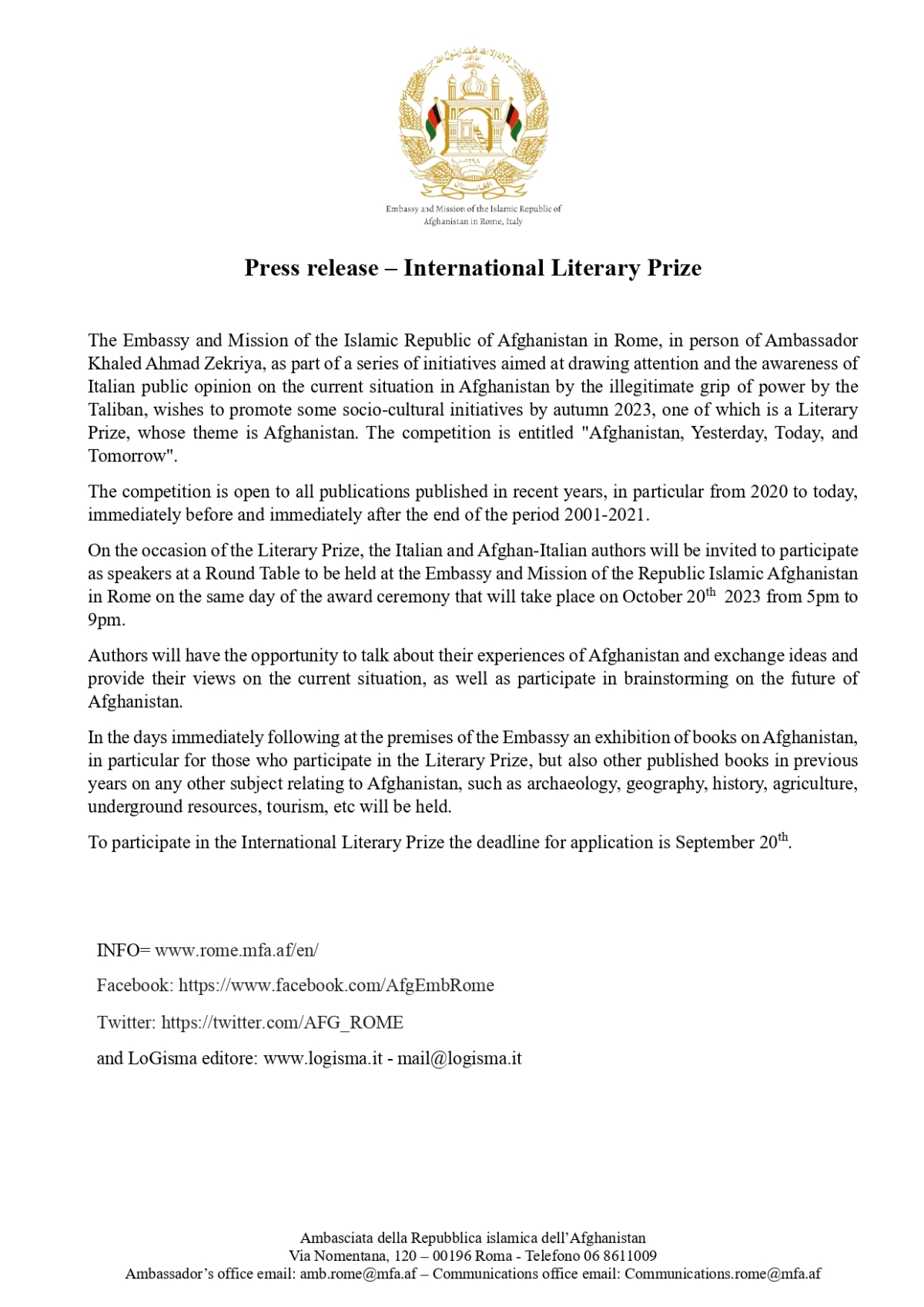 Press release &ndash; International Literary Prize