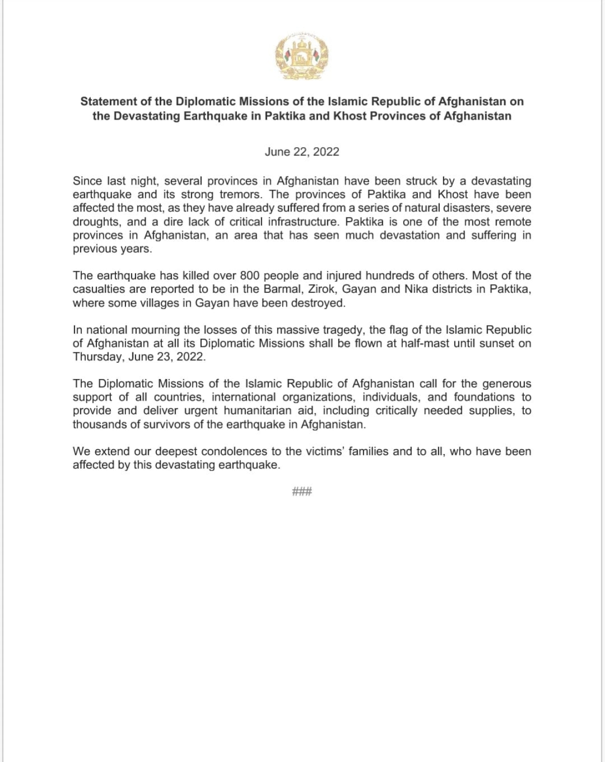 Statement of the Diplomatic Missions of Afghanistan on the Devastating Earthquake in Paktika and Khost Provinces of Afghanistan