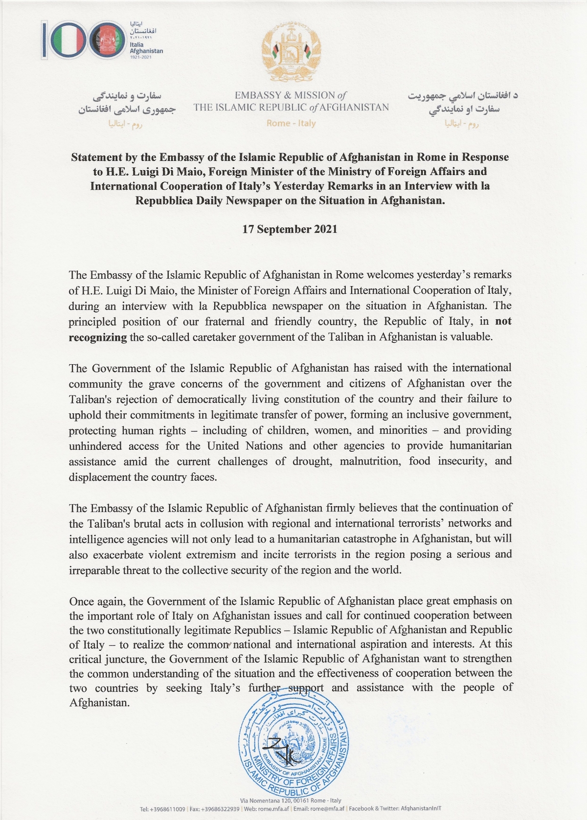 Statement by the Embassy of the Islamic Republic of Afghanistan in Rome in Response to H.E. Luigi Di Maio, The Minister of Foreign Minister and International Cooperation of Italy&rsquo;s Yesterday Remarks in an Interview with la Repubblica Newspaper on the