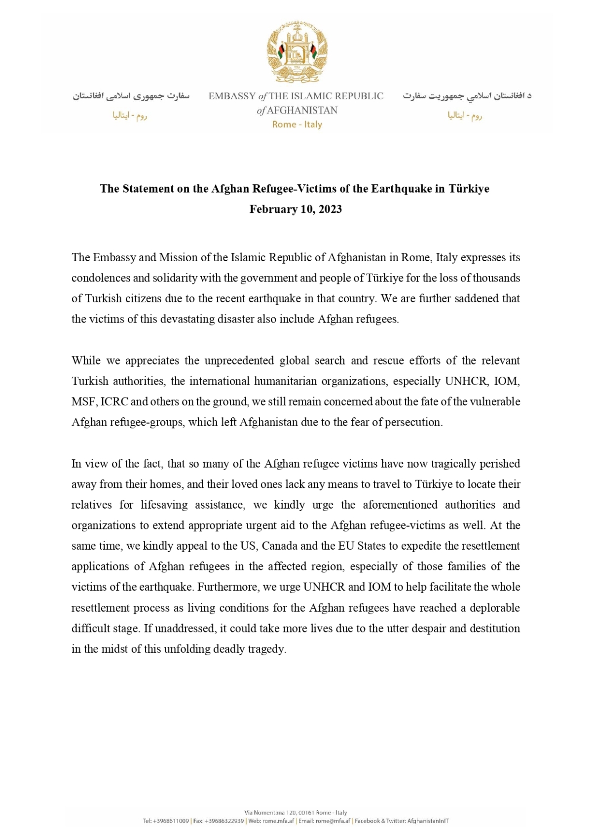 The Statement on the Afghan Refugee-Victims of the Earthquake in T&uuml;rkiye