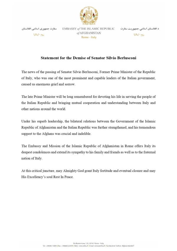 Statement for demise of Senator Silvio Berlusconi