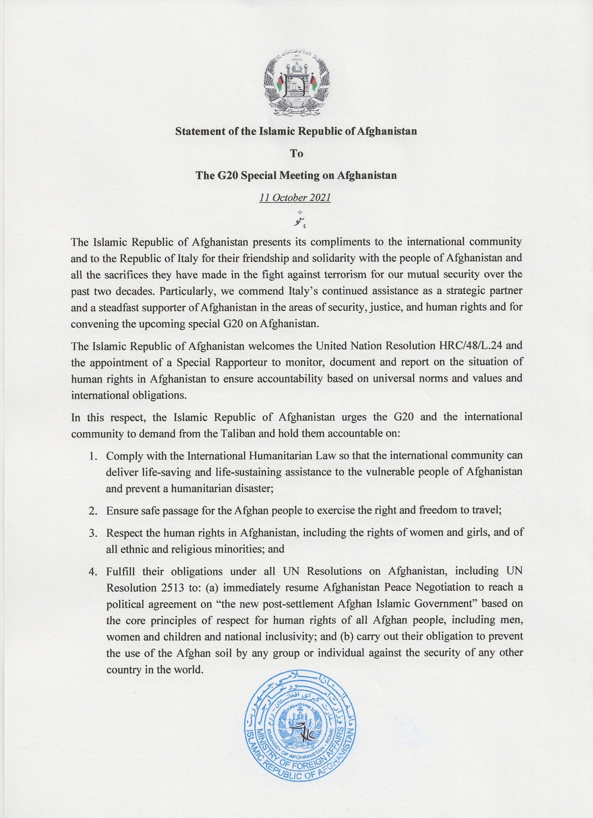 Statement of the Islamic Republic of Afghanistan to the G20 Special Meeting on Afghanistan