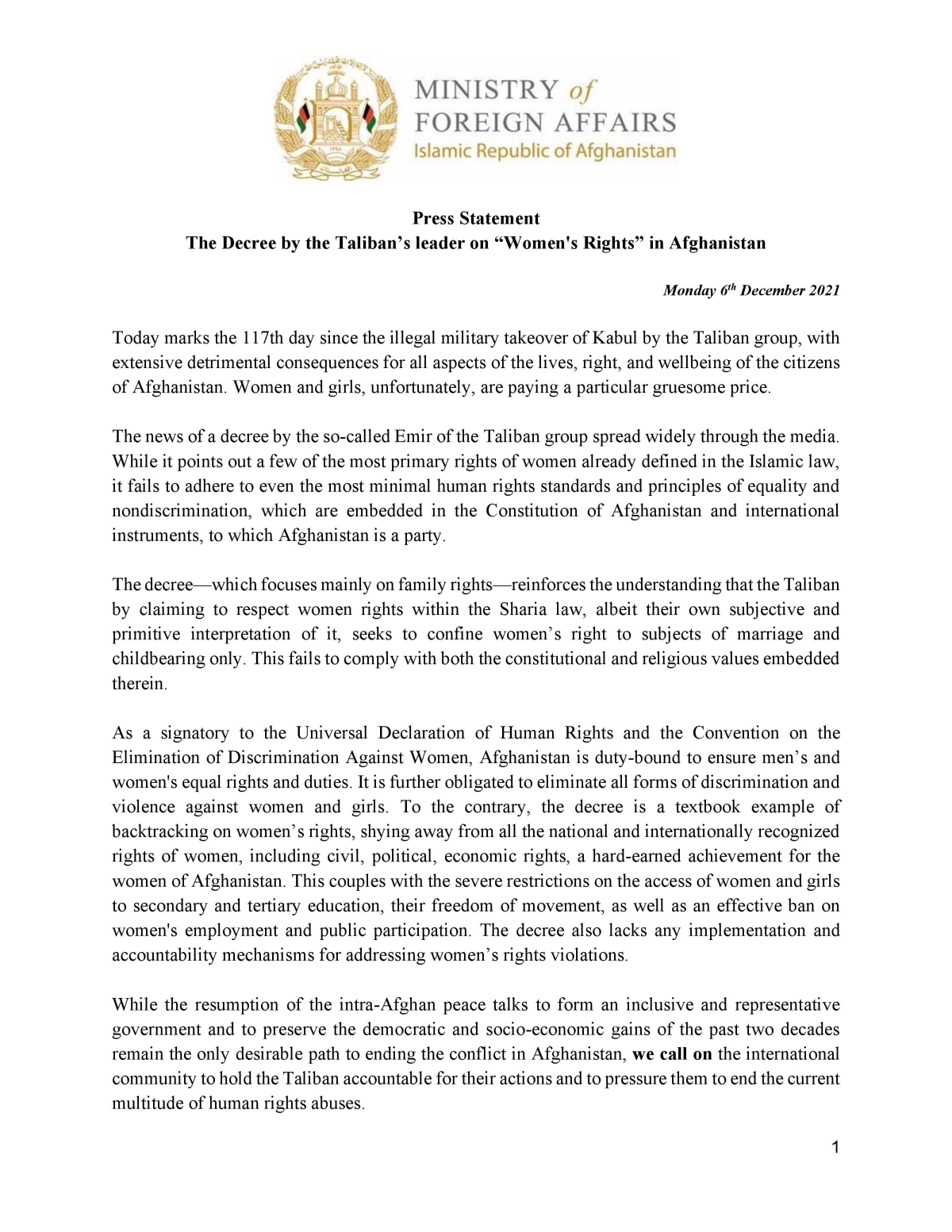 Press Statement by the Ministry of Foreign Affairs of the Islamic Republic of Afghanistan