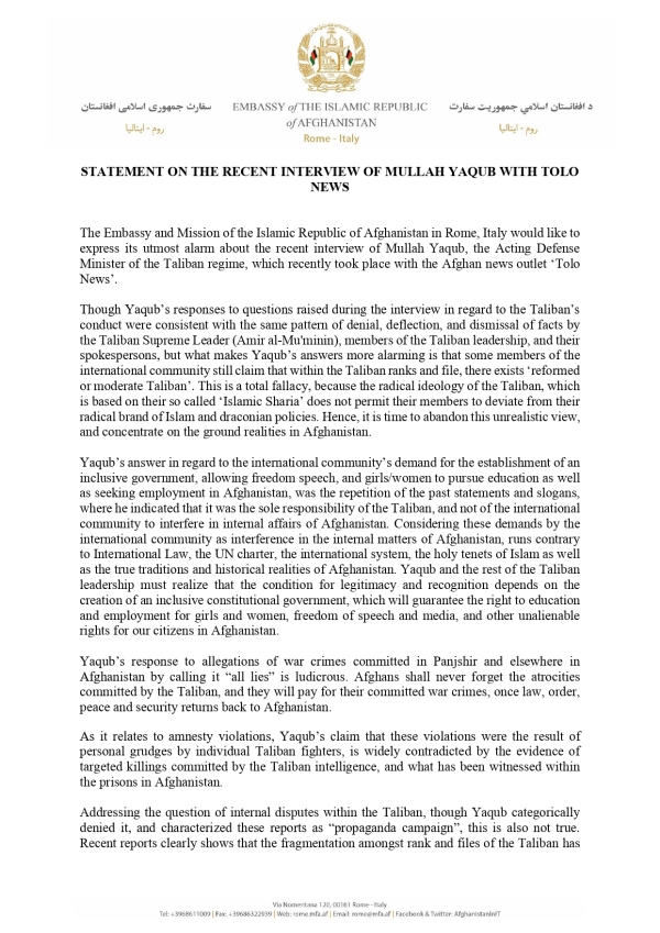 STATEMENT ON THE RECENT INTERVIEW OF MULLAH YAQUB WITH TOLO NEWS