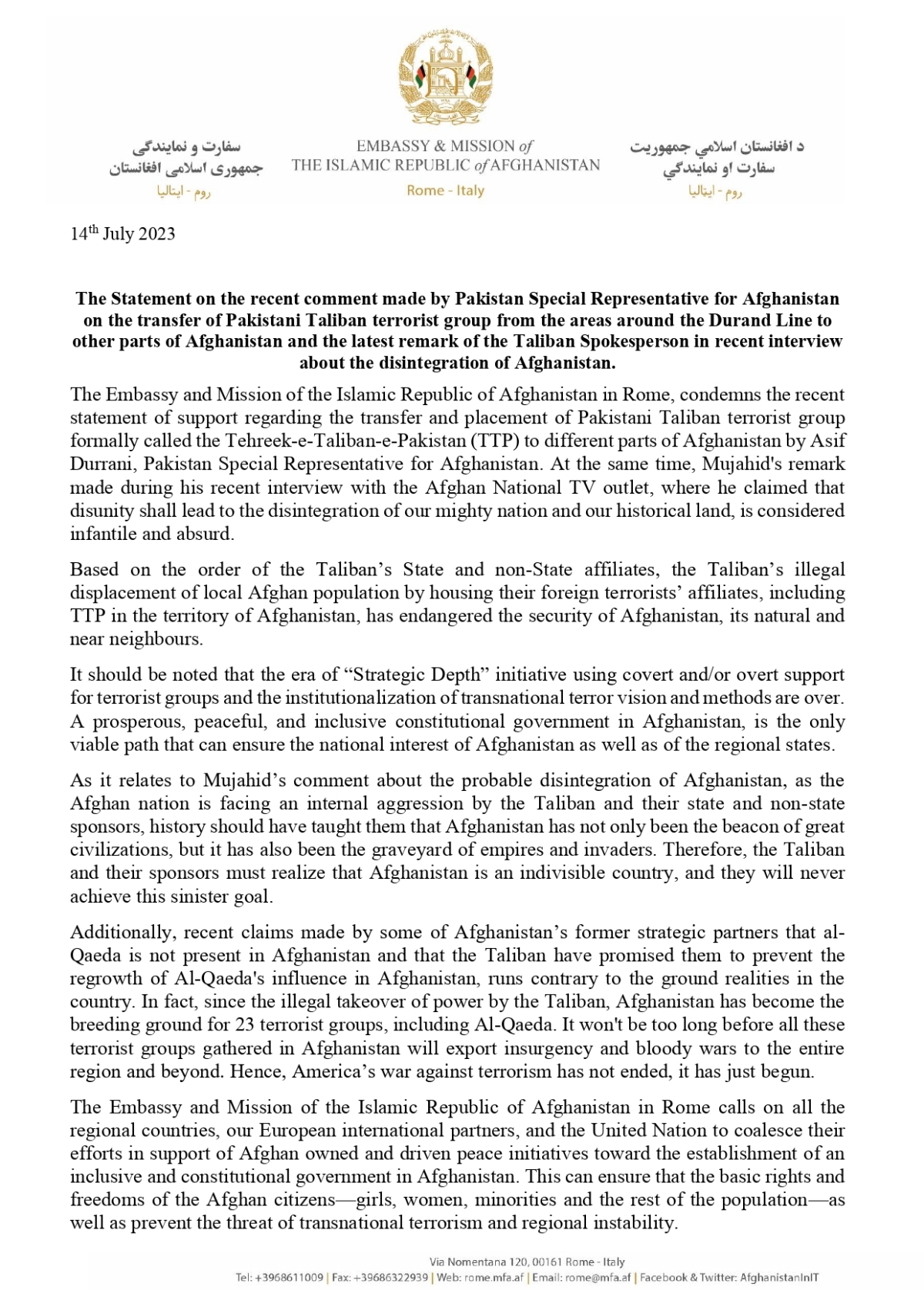 Statement of the Embassy and Mission of the Islamic Republic of Afghanistan in Rome on the recent comment of Asif Durrani