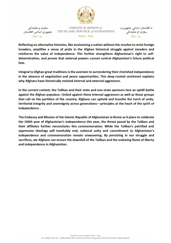 Statement on the 104th Independence Day of Afghanistan