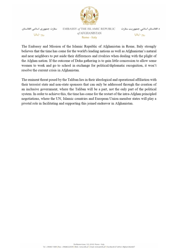The Statement of the Embassy and Mission of the Islamic Republic of Afghanistan in Rome, Italy on the United Nation Security Council  Resolution 2681