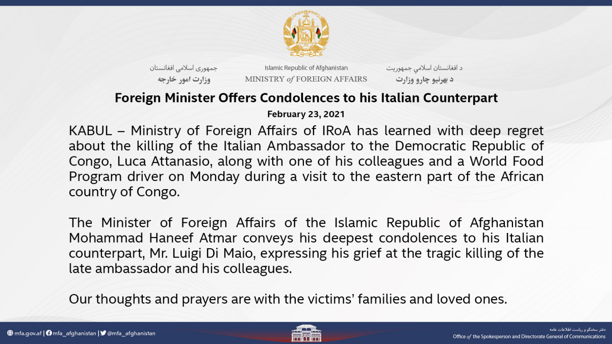 Foreign Minister Offers Condolences to his Italian Counterpart February 23, 2021