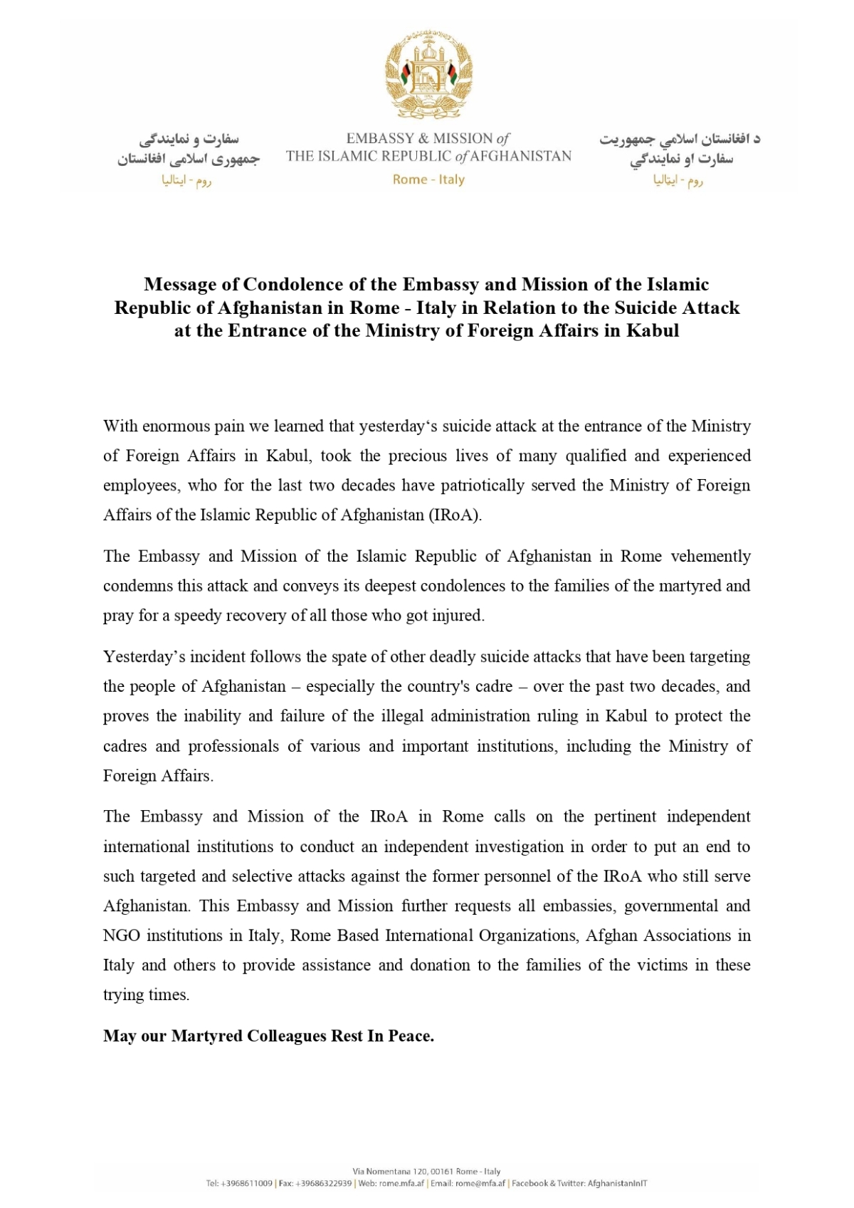 Message of Condolence of the Embassy and Mission of the Islamic Republic of Afghanistan in Rome - Italy in Relation to the Suicide Attack at the Entrance of the Ministry of Foreign Affairs in Kabul