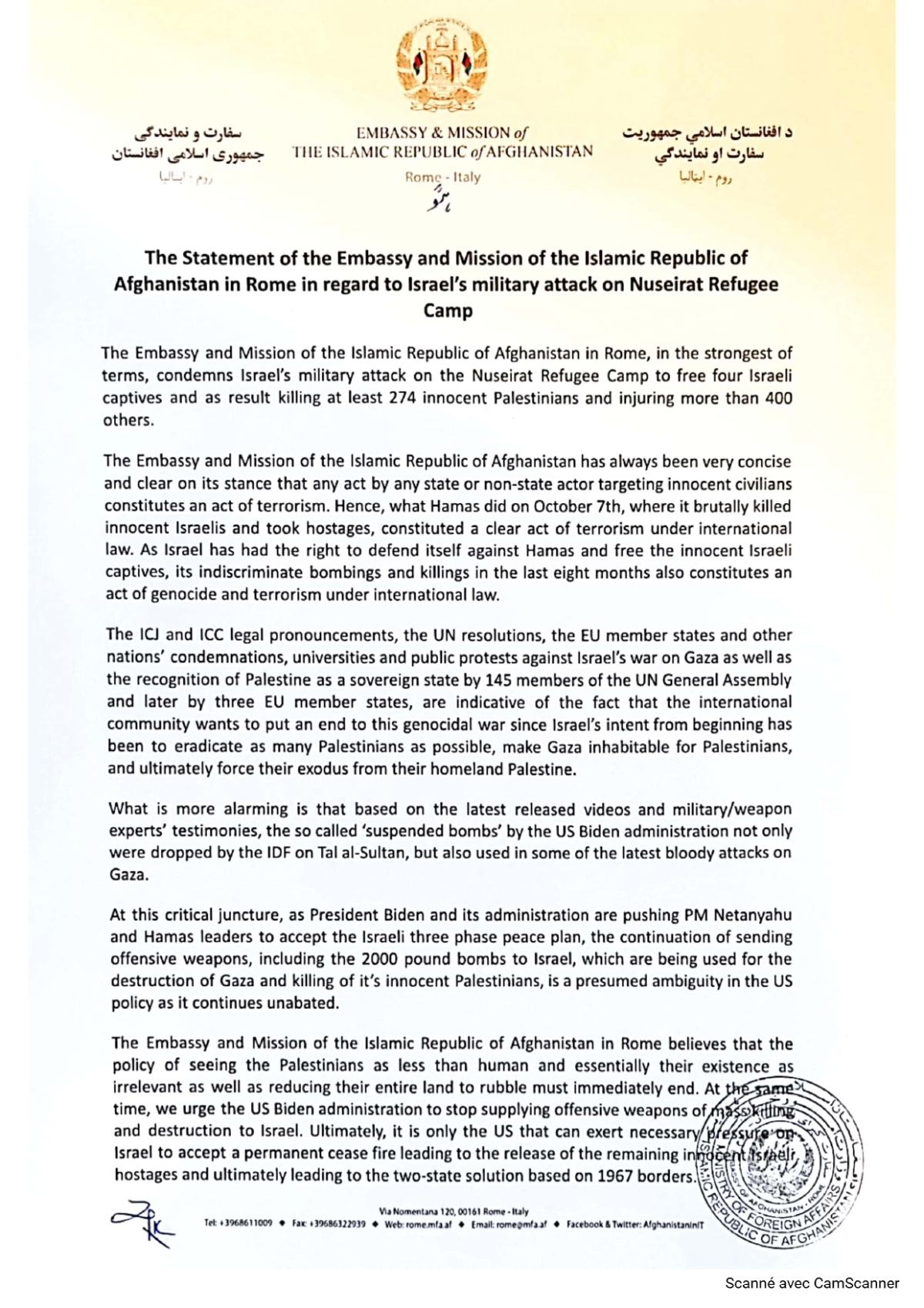 The Statement of the Embassy and Mission of the Islamic Republic of Afghanistan in Rome in regard to Israel&rsquo;s military attack on Nuseirat Refugee  Camp