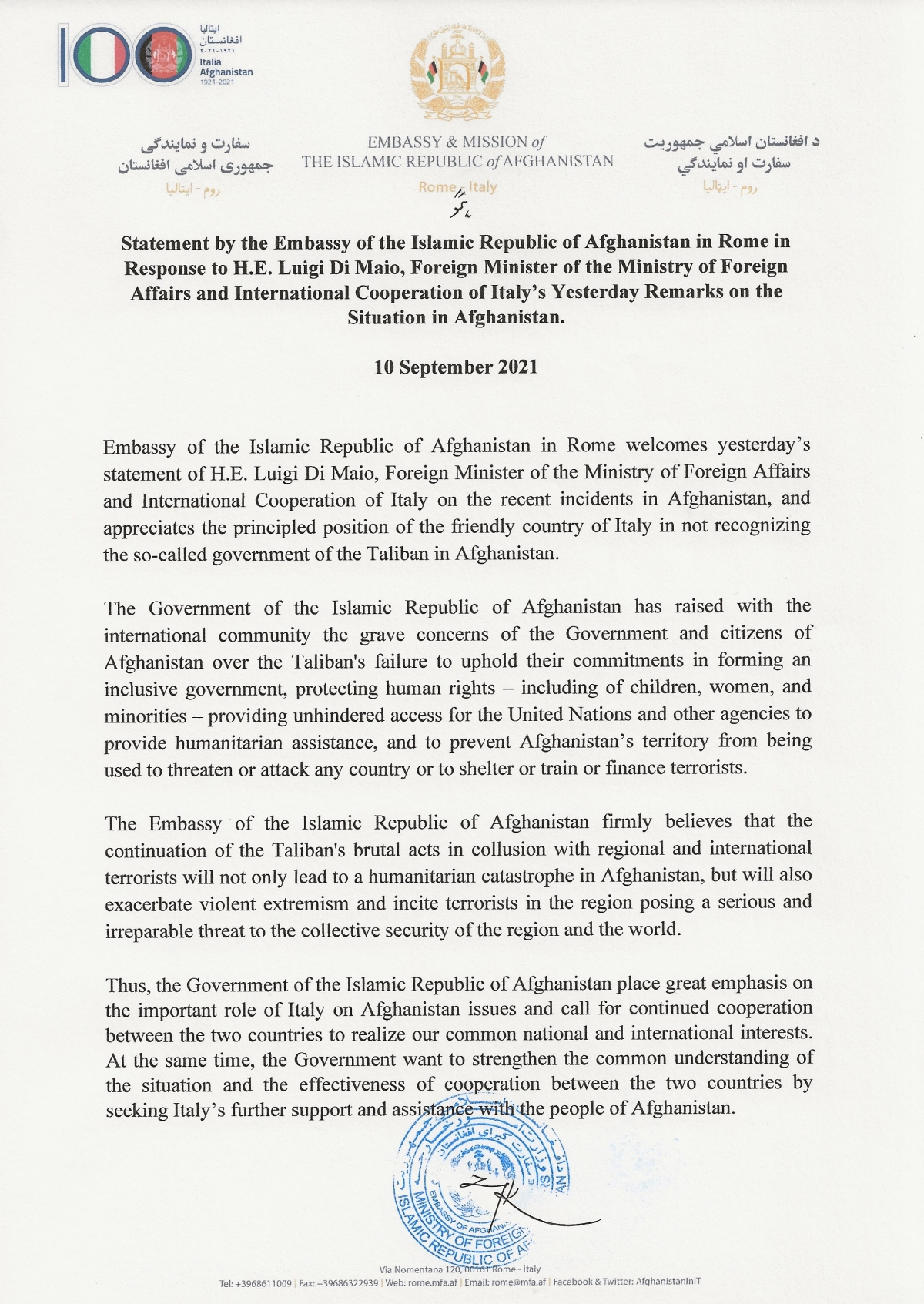 Statement by the Embassy of the Islamic Republic of Afghanistan in Rome in Response to H.E. Luigi Di Maio, Foreign Minister of the Ministry of Foreign Affairs and International Cooperation of Italy&rsquo;s Yesterday Remarks on the Situation in Afghanistan.