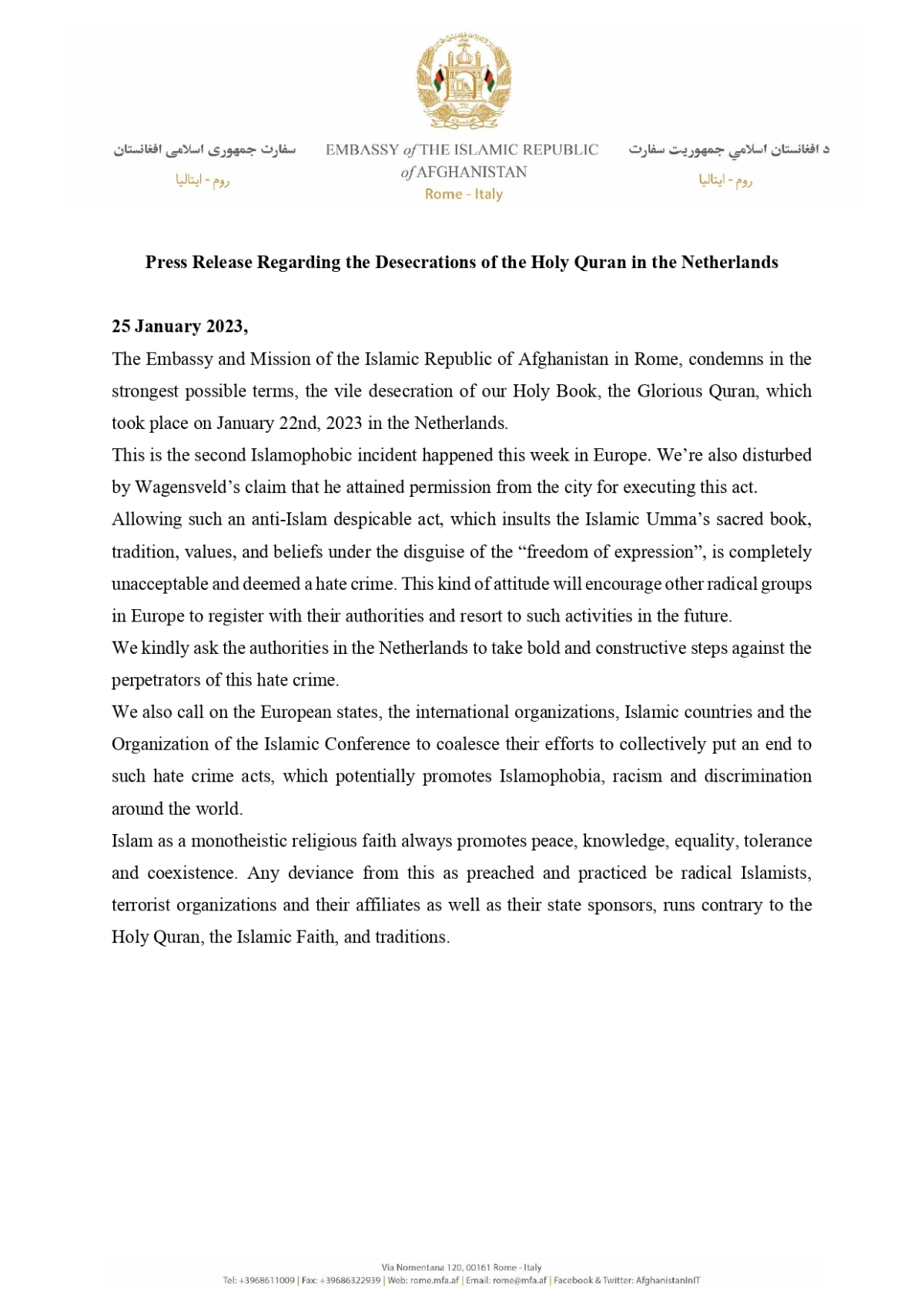 Press Release Regarding the Desecrations of the Holy Quran in the Netherlands