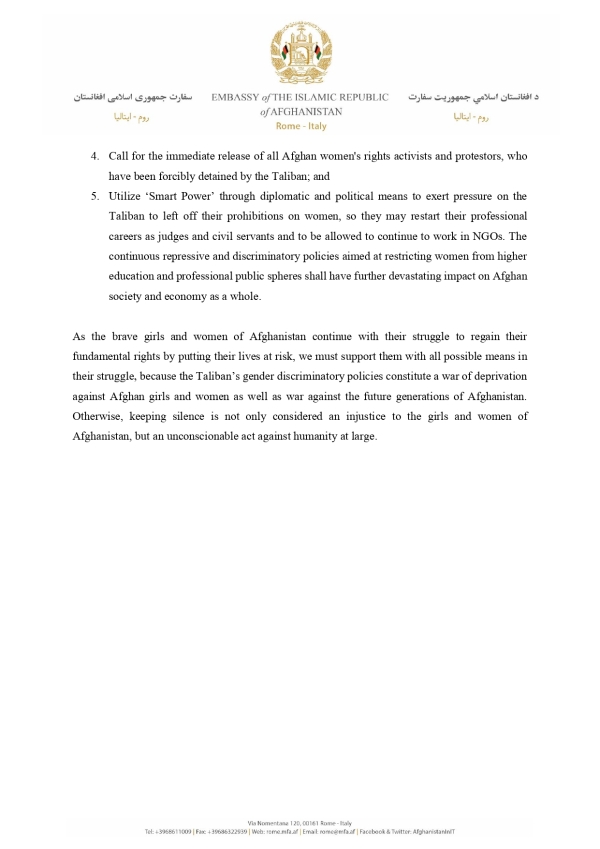 The Statement of the Embassy and Mission of the Islamic Republic of Afghanistan in Rome, Italy on the Auspicious Occasion of the International day of Education